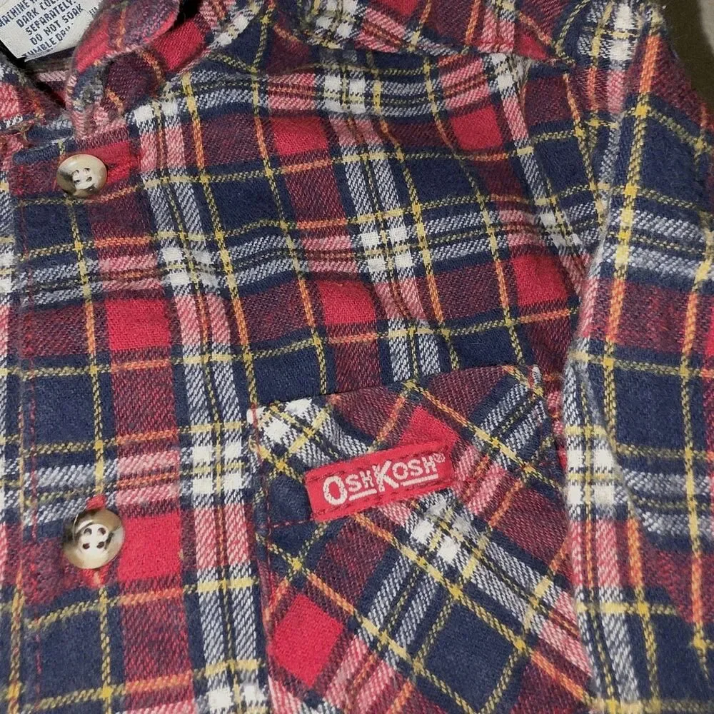 OSHKOSH B’GOSH Sz 18m USA Vintage 2015 Logo Denim Overalls & Red Flannel Shirt